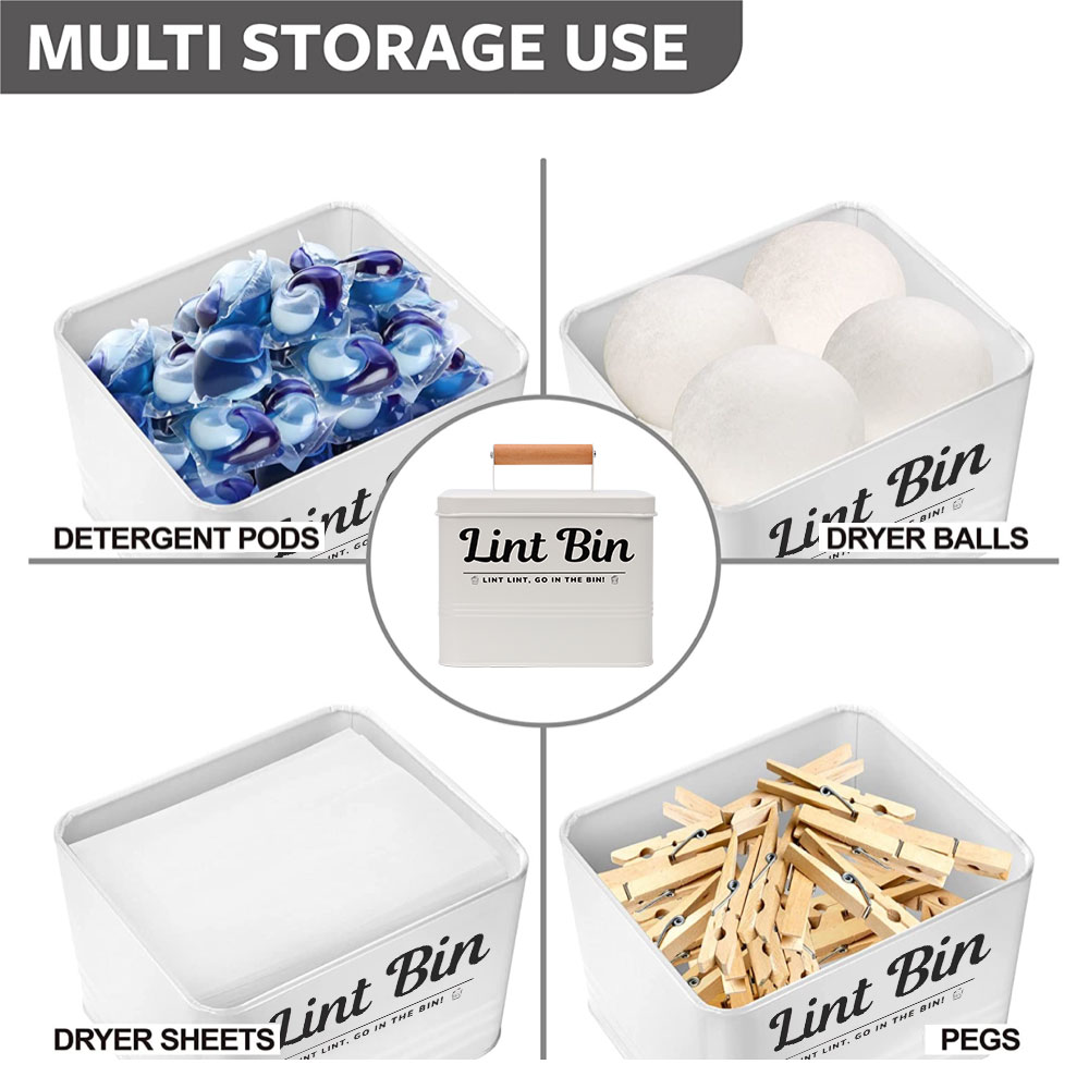 Farmhouse Laundry Dryer Sheet Container with Wooden Lid – Metal Storage Bin for Dryer Sheets, Pods & Laundry Room Decor