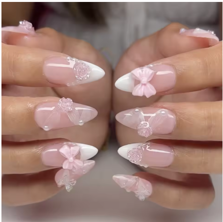 Glue on Nails Long Almond Acrylic Nail Pink French & Bowknot Shaped Pearl Design False Nails