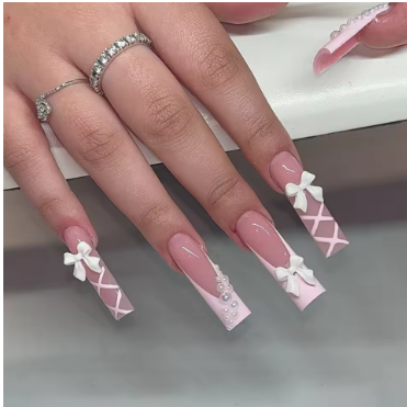 Elegant Pink Bow Nail Extensions