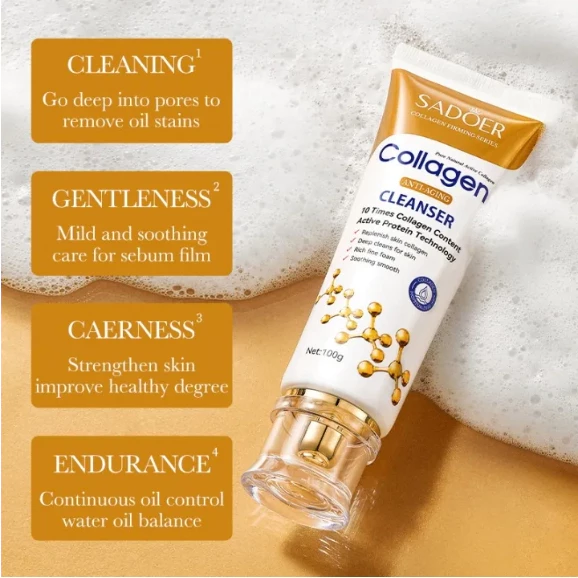 SADOER COLLAGEN CLEANSER คลีนเซอร์ เนื้อโฟมละเอียด ล้างออกอย่างล้ำลึก ชุ่มชื่น 100g. กล่องขาวทอง