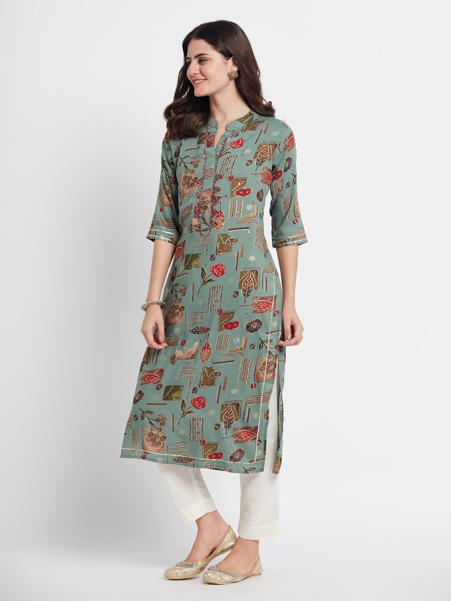 Green Cotton Straight Kurta
