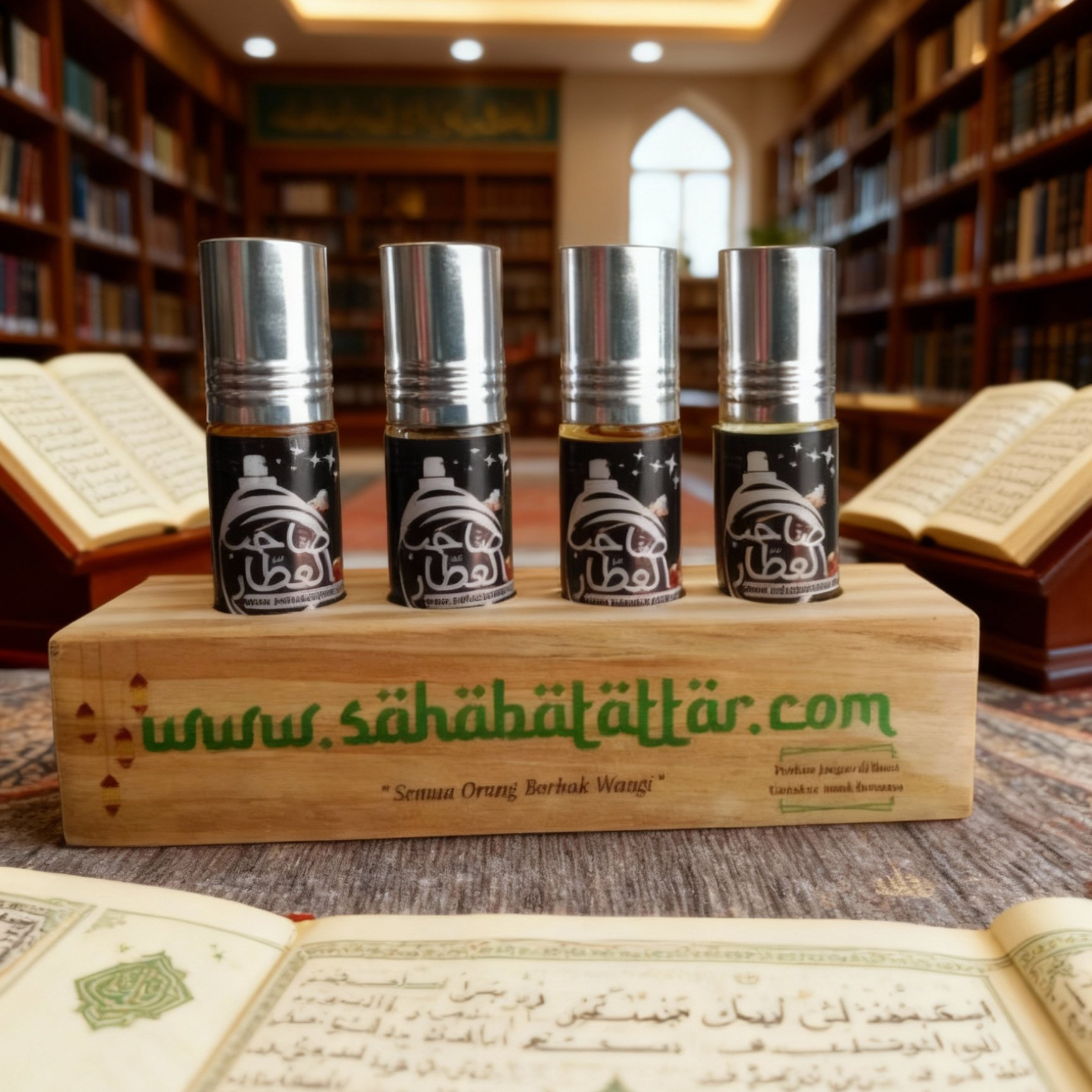 Paket Amaliah Parfum Oud & Kasturi 4 Botol dengan Display Kayu Premium untuk Masjid, Musholah & Majelis