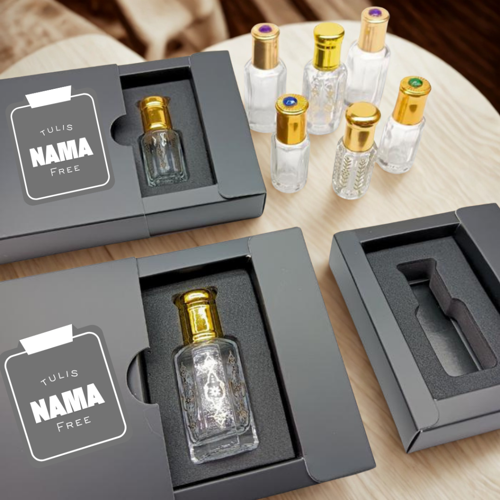 Paket Hadiah Parfum Non Alkohol 10ml & 12ml Lengkap – Base Shurfan Banafa & Banafa Oud Mix Aroma Oud & Kasturi