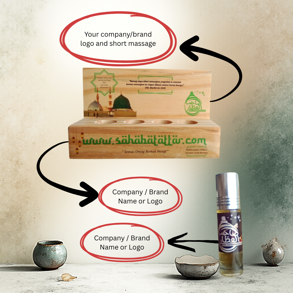 Program Amal & Custom Branding Parfum Non-Alkohol – Paket 4, 5, 6 Botol dengan Display Kayu/Akrilik untuk Masjid & CSR