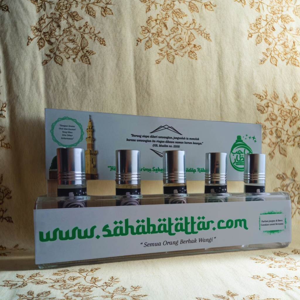 Paket Amaliah Parfum Oud & Kasturi 5 Botol dengan Display Akrilik Eksklusif untuk Masjid, Musholah & Majelis