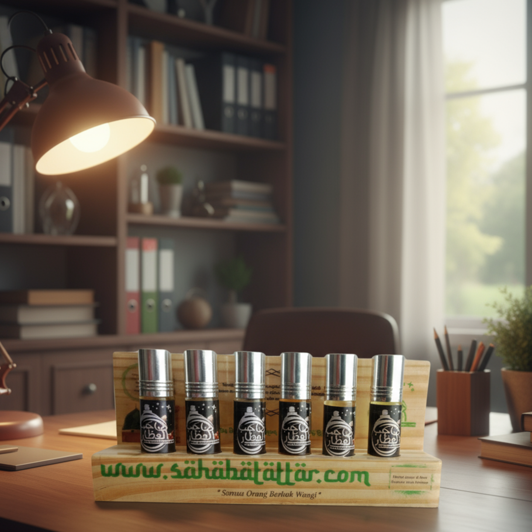 Paket Amaliah Parfum Oud & Kasturi 6 Botol dengan Display Kayu Premium untuk Masjid, Musholah & Majelis
