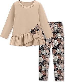 Girls' beige ruffle top and floral leggings set
