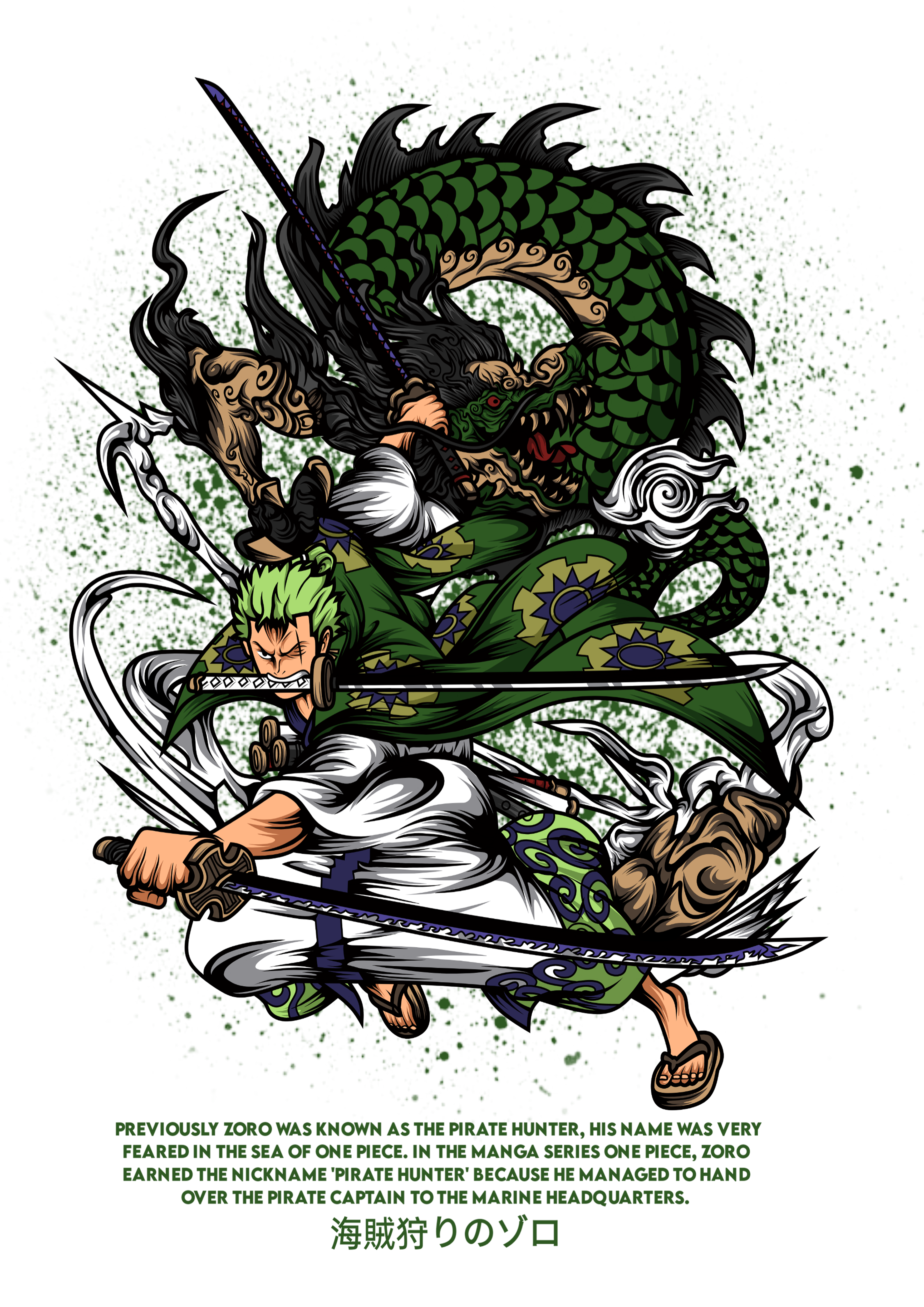 Camiseta Anime Roronoa Zoro - One Piece - Dragão Verde e Espadas Katana