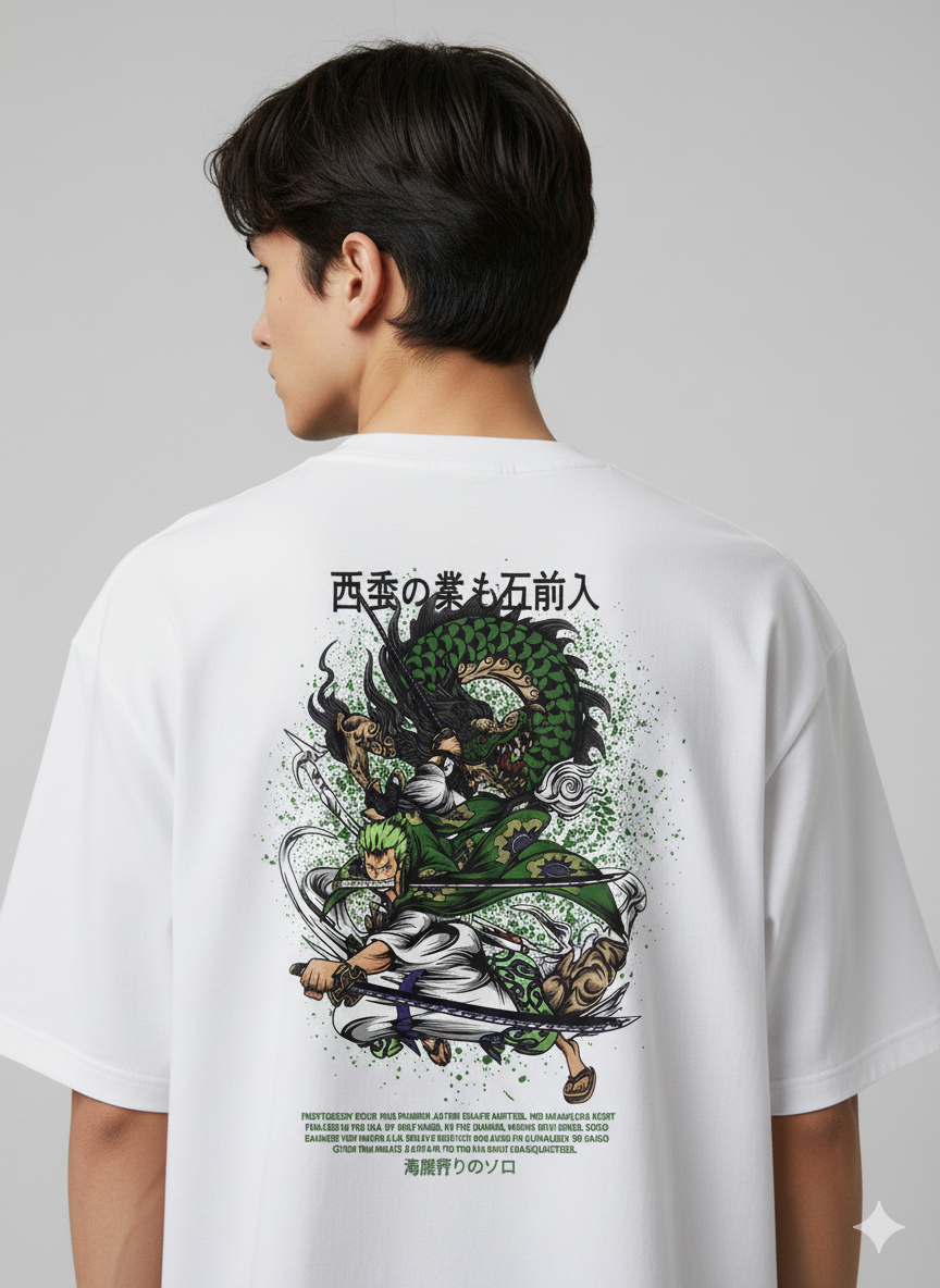 Camiseta Anime Roronoa Zoro - One Piece - Dragão Verde e Espadas Katana