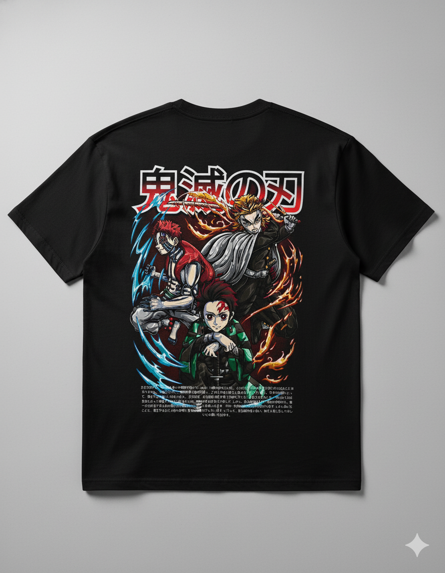 Camiseta "Confronto Lendário: Tanjiro, Akaza & Rengoku" - O Clássico Épico de Demon Slayer!
