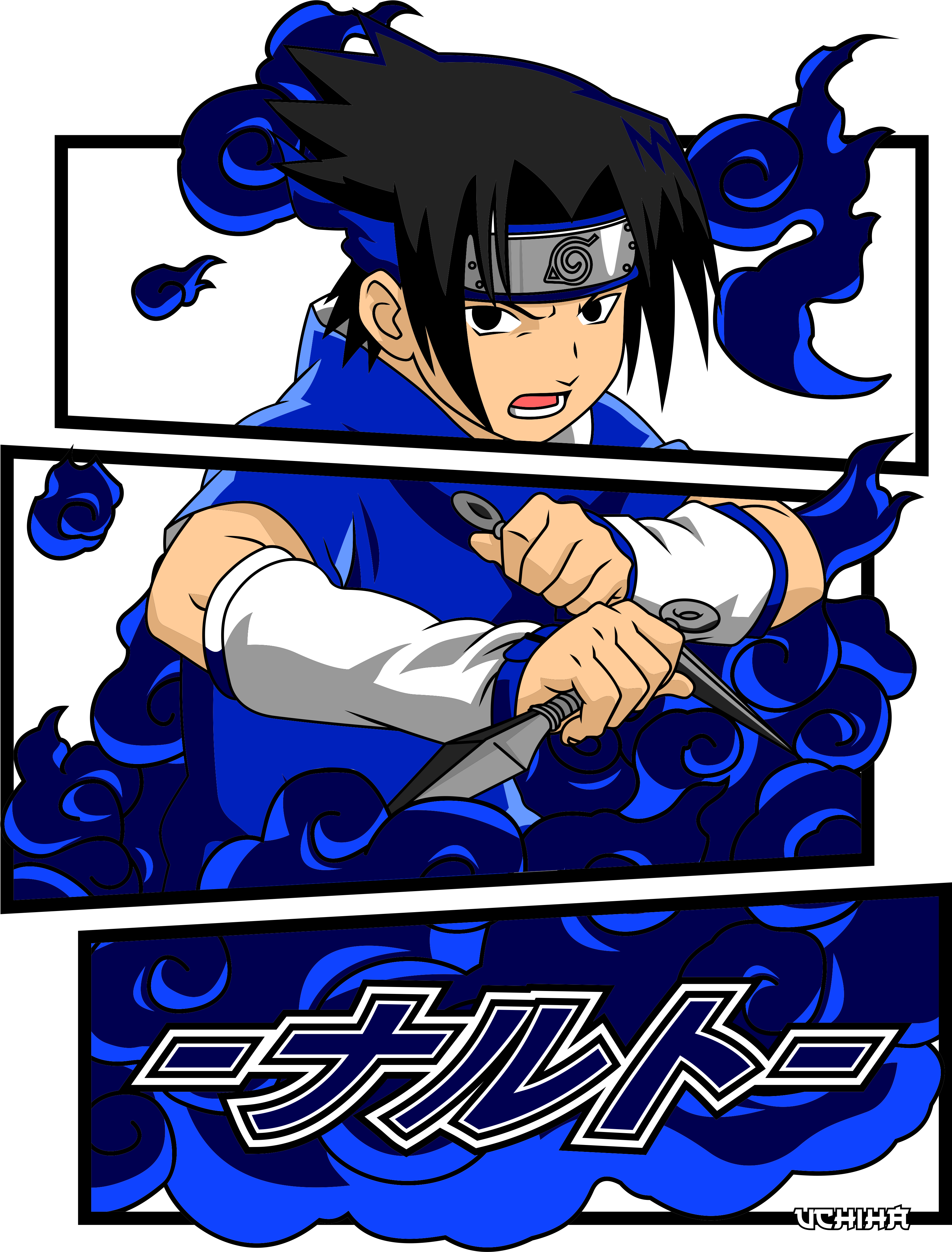 Camiseta Anime Sasuke Uchiha - Sharingan e Chakra Azul - Oversized Preta