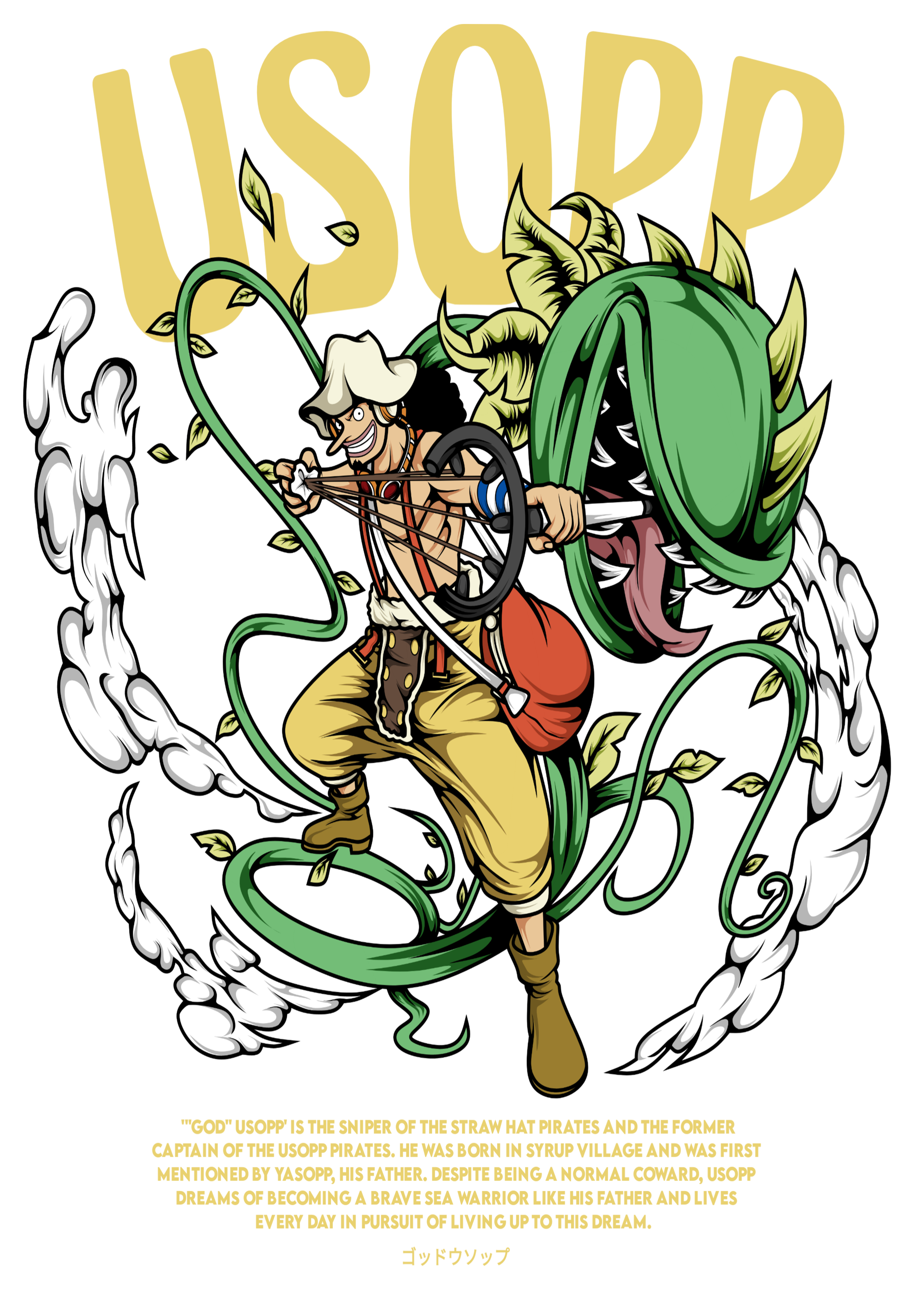 Camiseta Anime Usopp Sogeking - One Piece - Estampa Pop Green e Kabuto