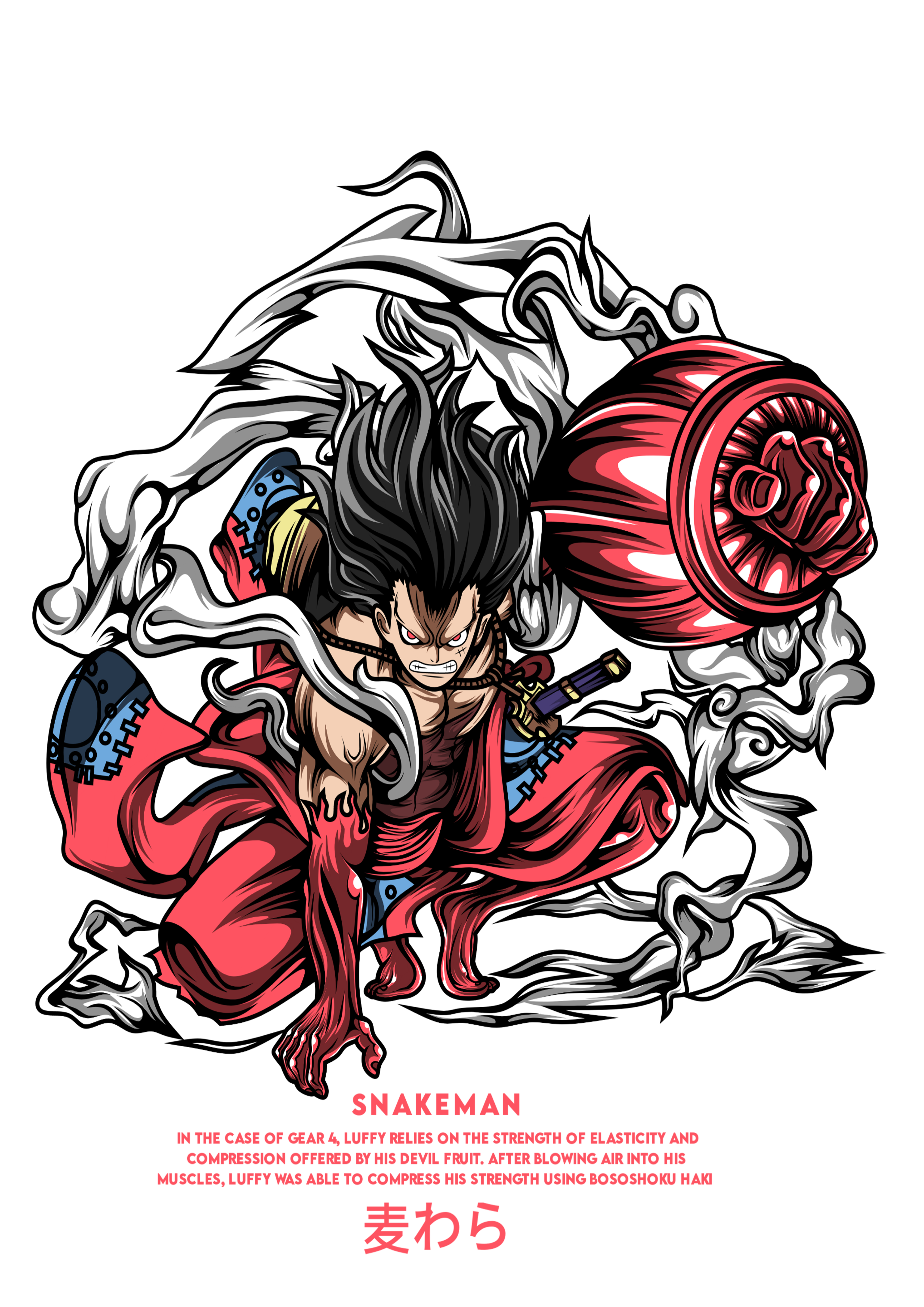 Camiseta Anime Monkey D. Luffy Snakeman - Gear 4 One Piece - Estampa Preto e Vermelho