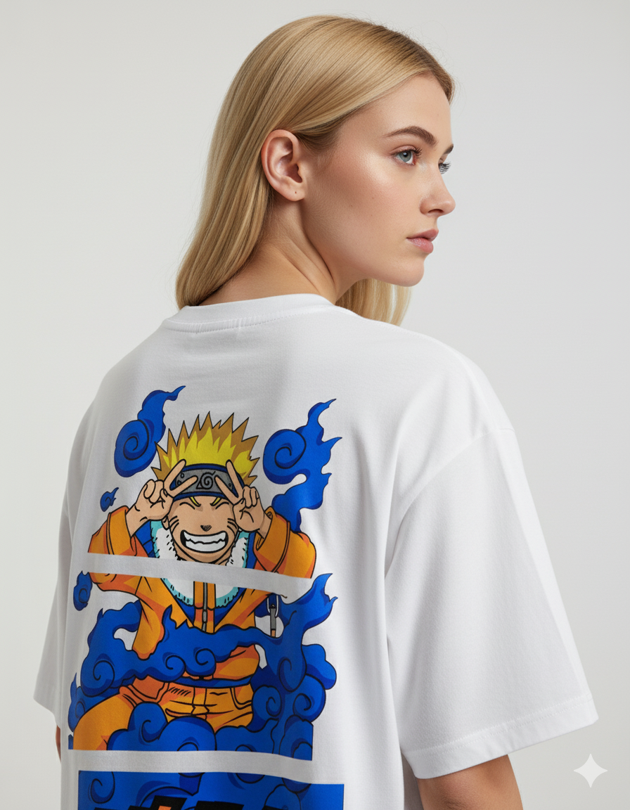 Camiseta Anime Naruto Uzumaki - Pose Clássica com Chakra Azul - Branca