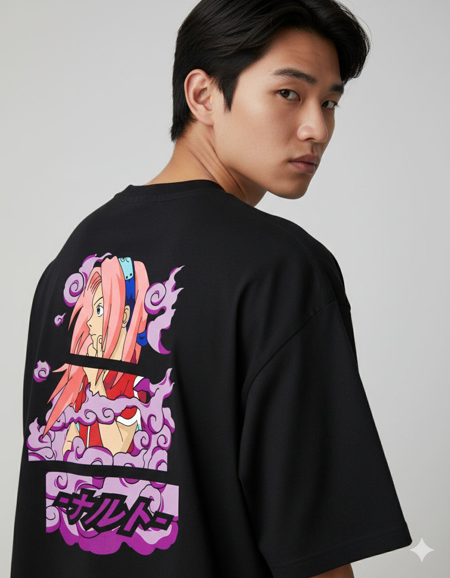 Camiseta Anime Sakura Haruno - Naruto Shippuden - Estampa Rosa e Roxo
