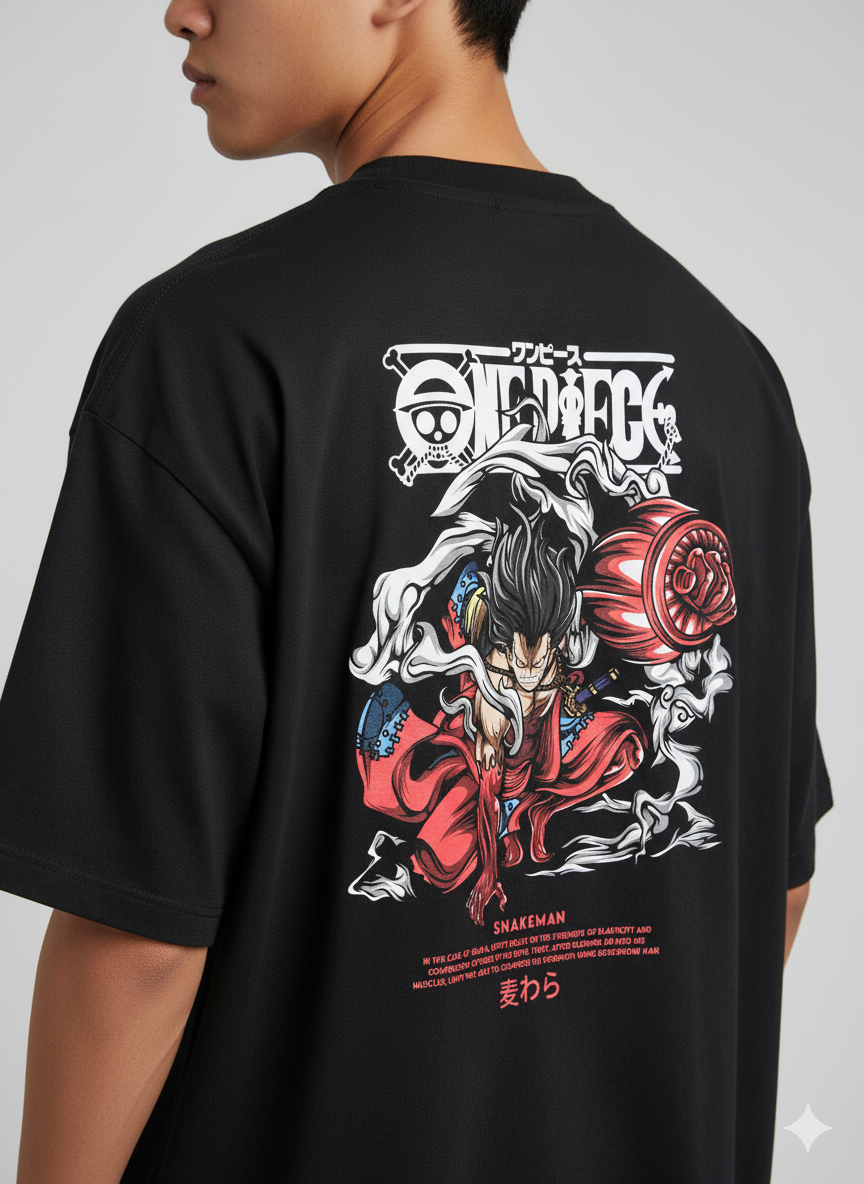 Camiseta Anime Monkey D. Luffy Snakeman - Gear 4 One Piece - Estampa Preto e Vermelho