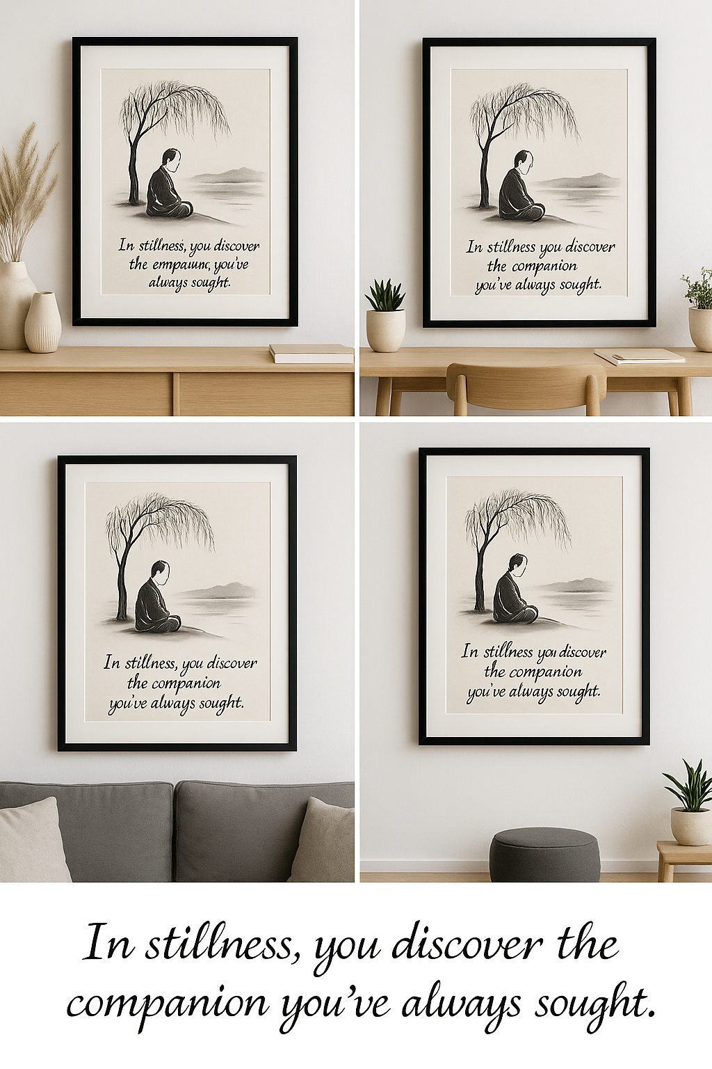 Zen Wall Art | Monk Under Tree | Minimalist Ink Painting | Calligraphy Quote | Black & White Digital Print | Calm Home Decor