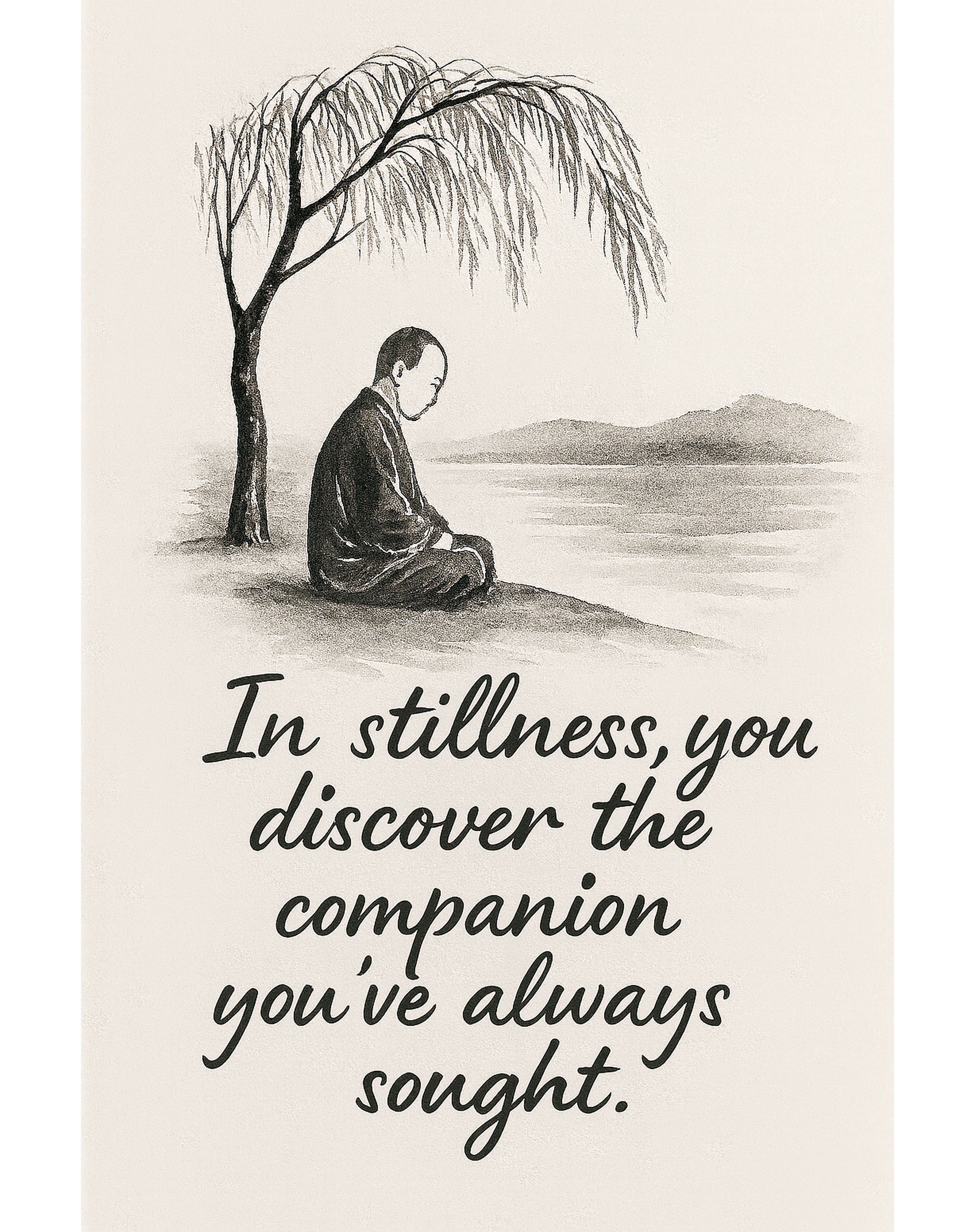 Zen Wall Art | Monk Under Tree | Minimalist Ink Painting | Calligraphy Quote | Black & White Digital Print | Calm Home Decor