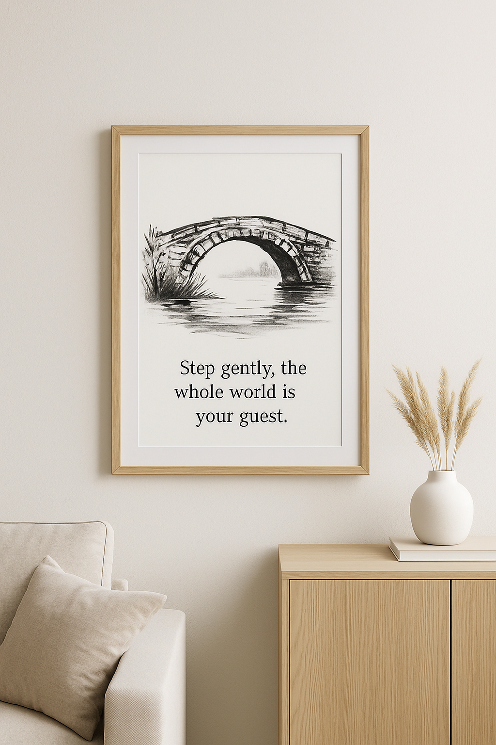 Zen Wall Art | Stone Bridge Ink Painting | Minimalist Black & White Digital Print | Meditative Quote | Calm Home Decor