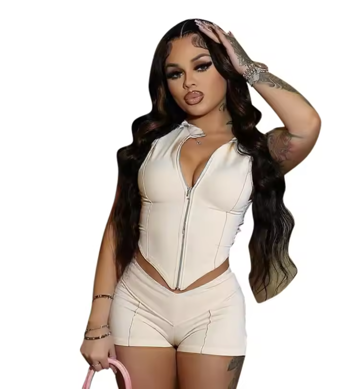 Beige Zipper Front Two-Piece Set