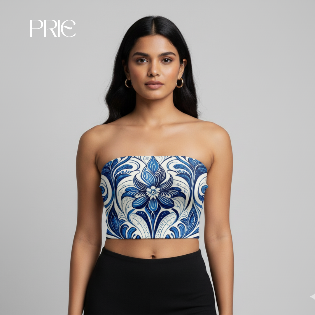 Blue Floral Strapless Top