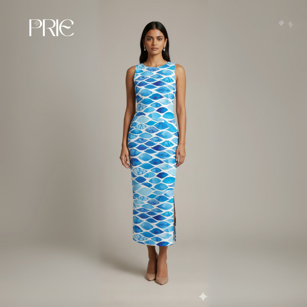 Blue Patterned Sleeveless Maxi Dress