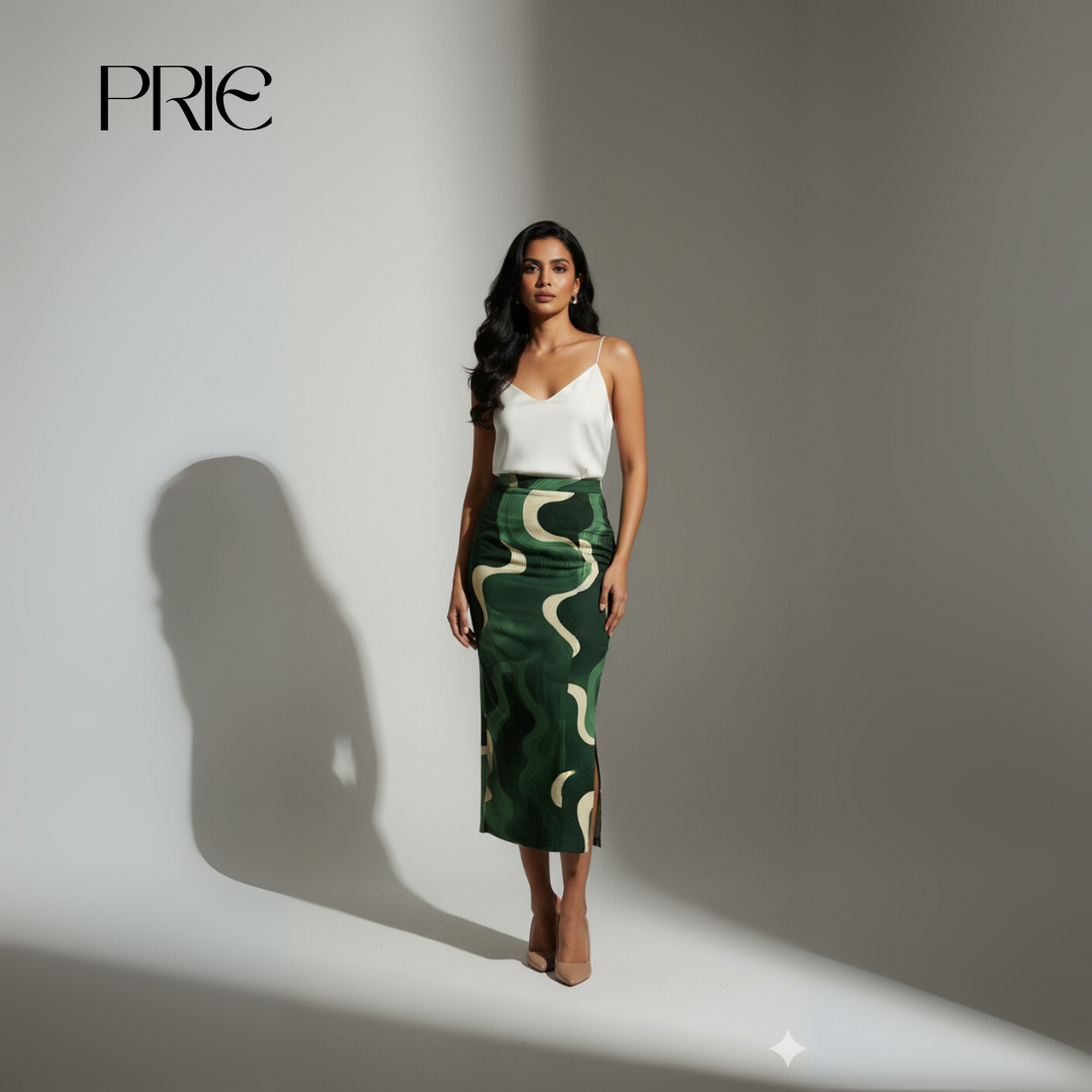 Green Abstract Print Midi Skirt