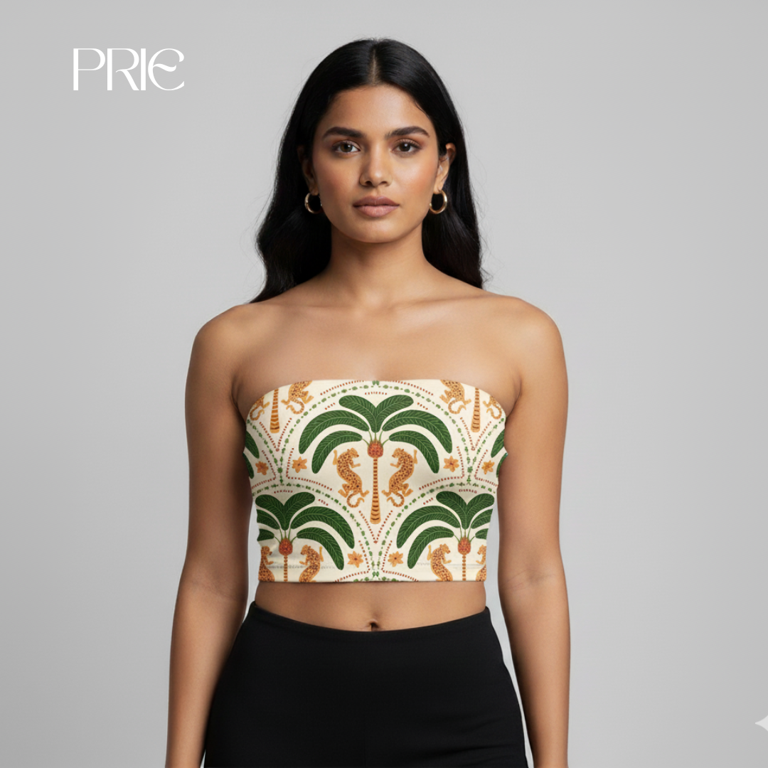 Printed Tropical Strapless Crop Top