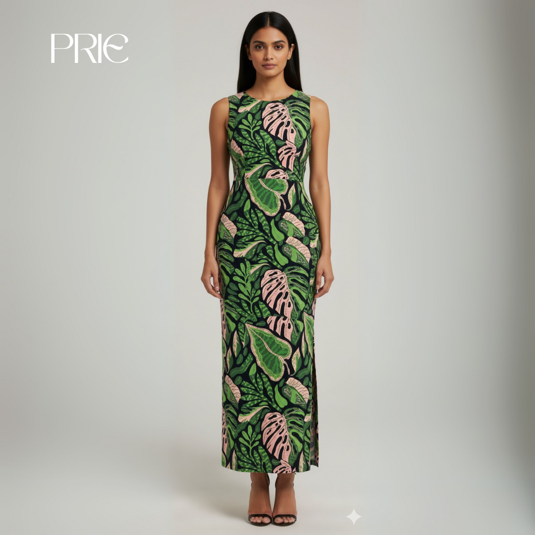 Tropical Leaf Print Maxi Dress