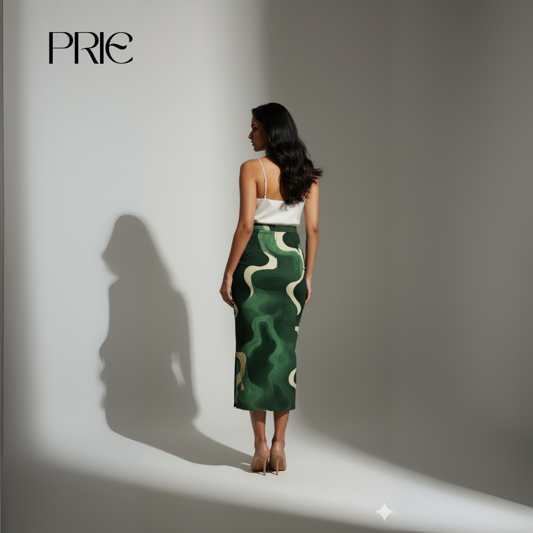 Green Abstract Print Midi Skirt