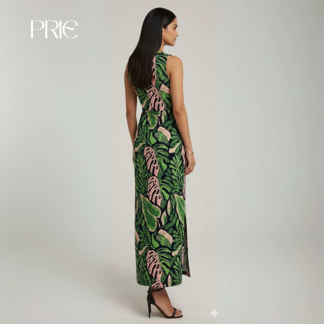 Tropical Leaf Print Maxi Dress