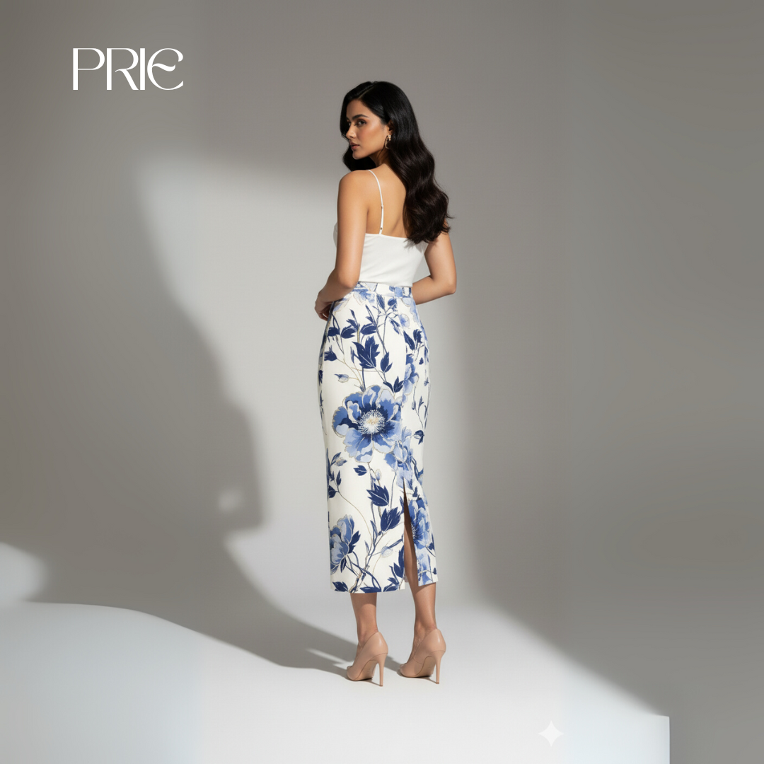 Indigo Blossom Midi Skirt