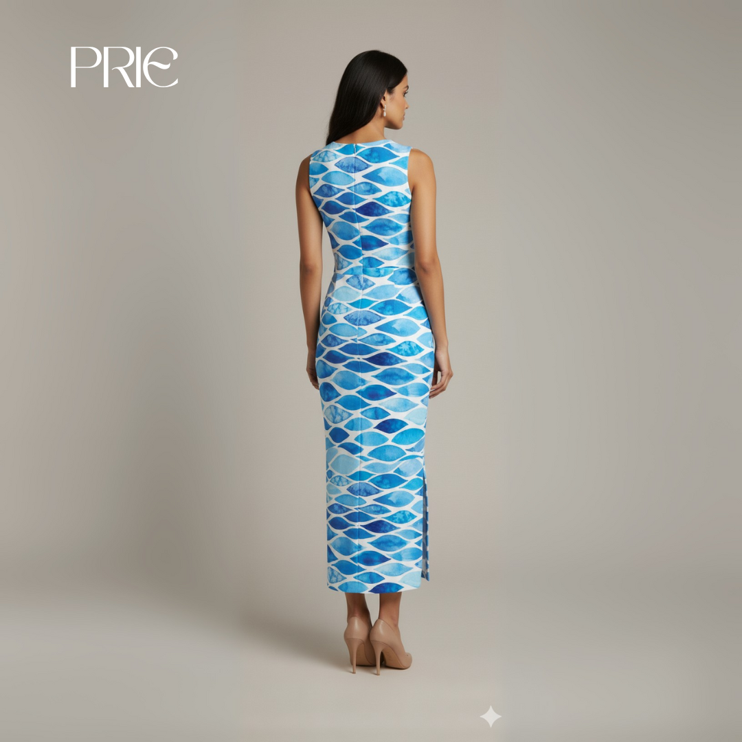 Blue Patterned Sleeveless Maxi Dress