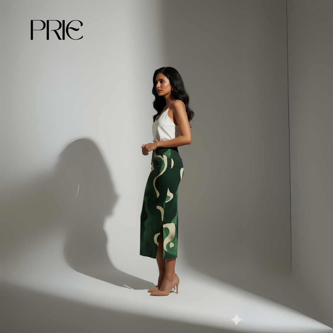 Green Abstract Print Midi Skirt