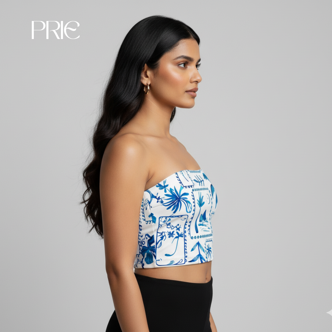 Tropical Print Strapless Crop Top