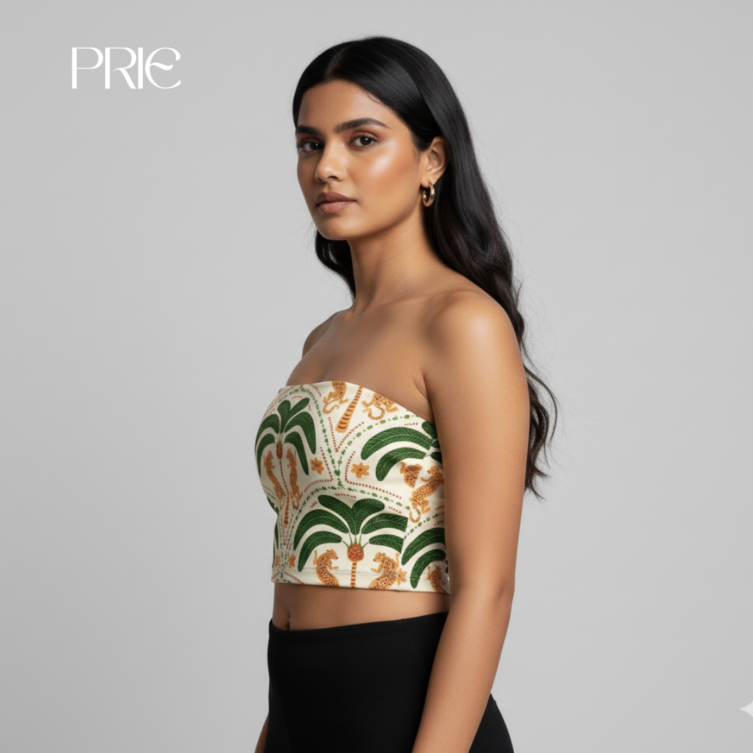 Printed Tropical Strapless Crop Top