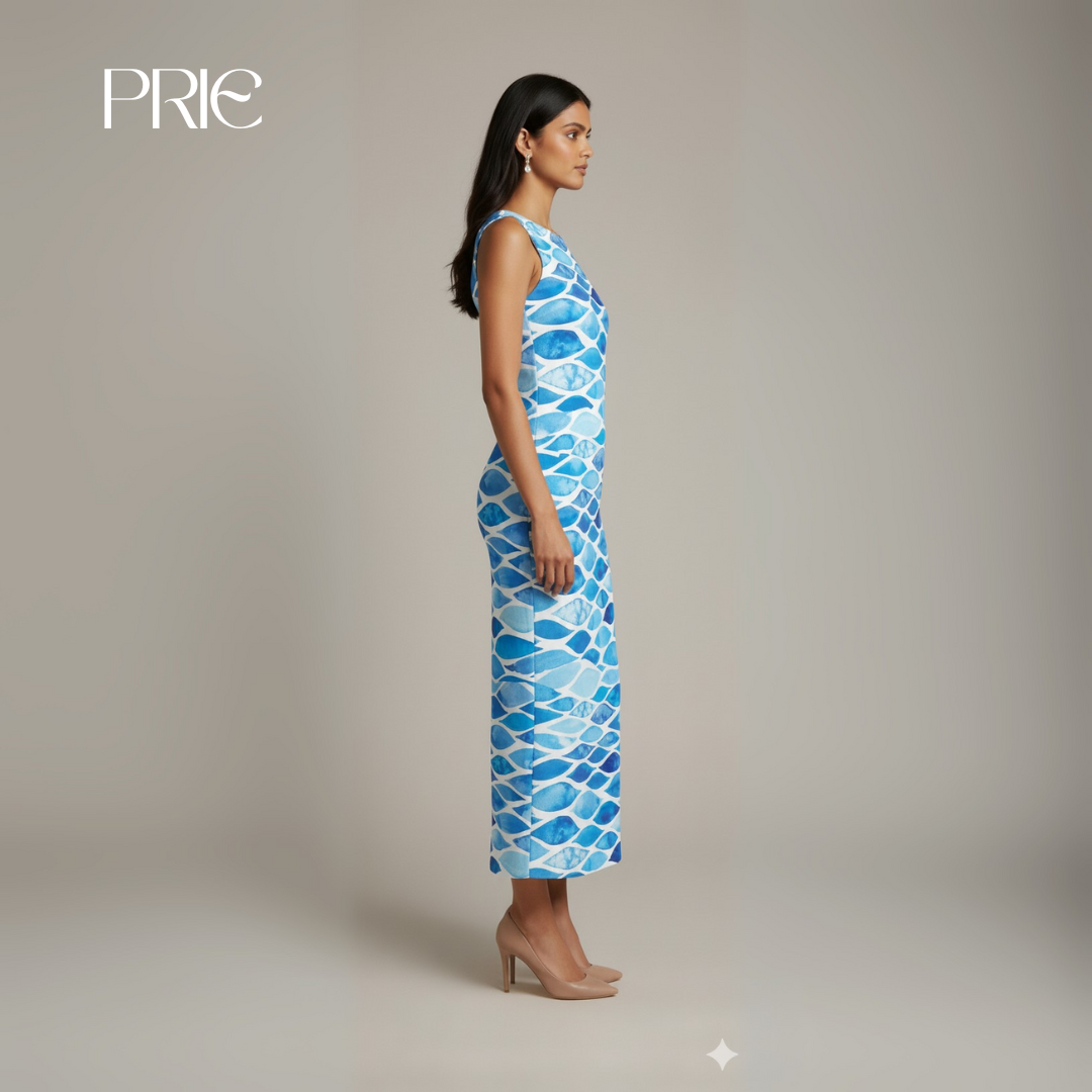 Blue Patterned Sleeveless Maxi Dress