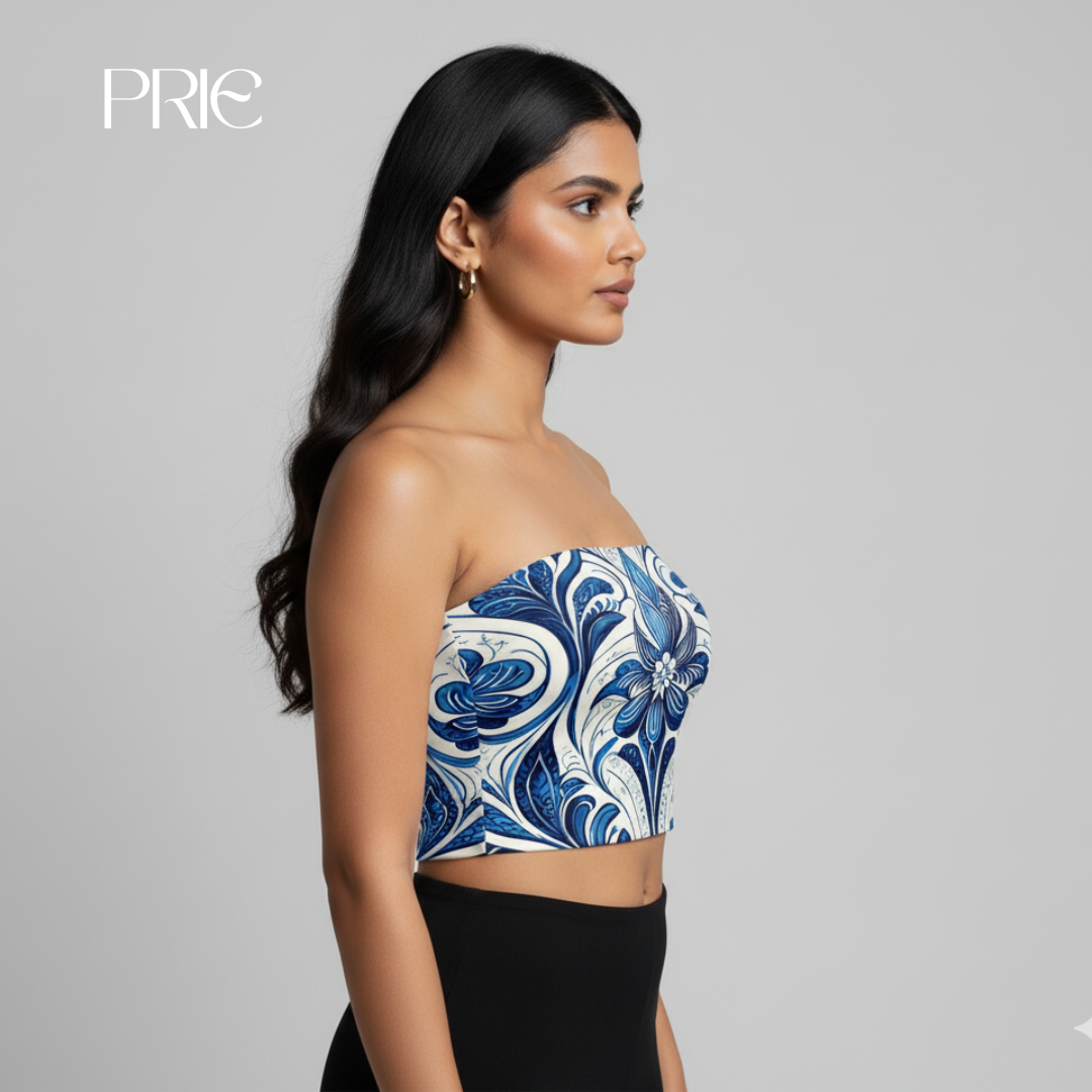 Blue Floral Strapless Top