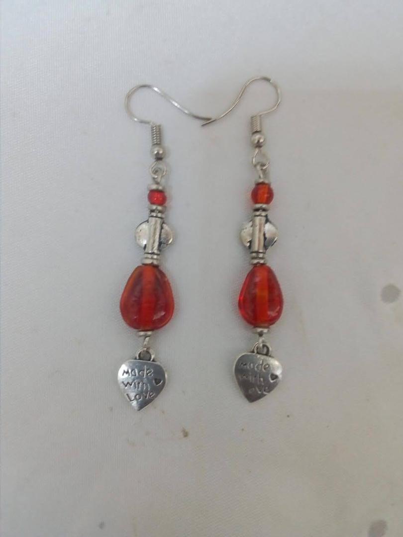 Red Bead Heart Charm Earrings