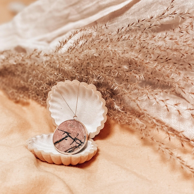 Natural Rhodonite & Gold Circle Pendant  