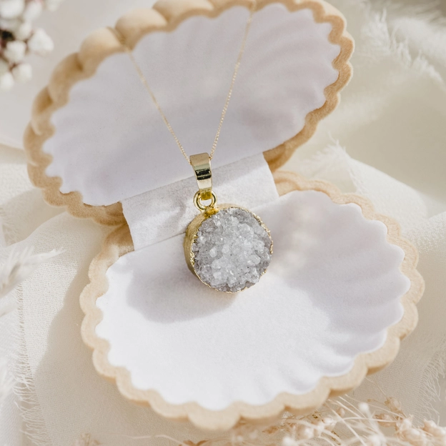 Quartz Geode Cluster & Gold Charm Necklace