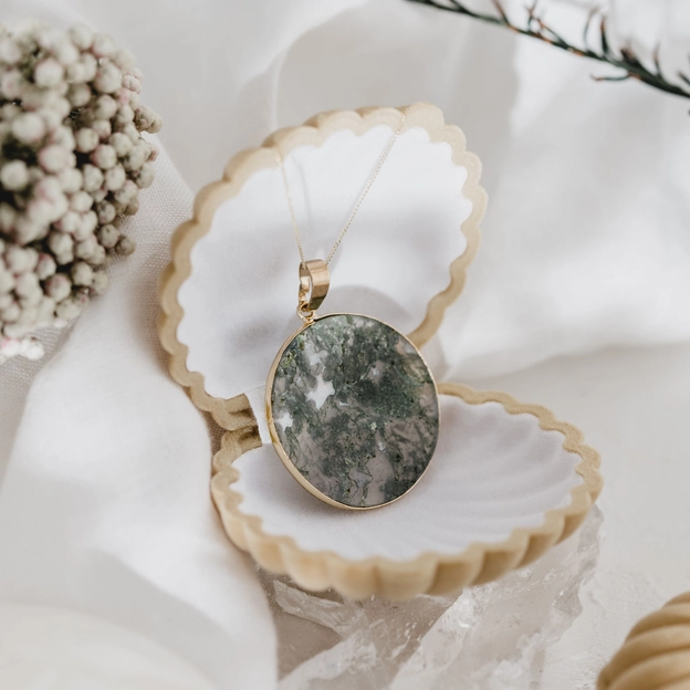 Moss Agate & Gold Circle Pendant 