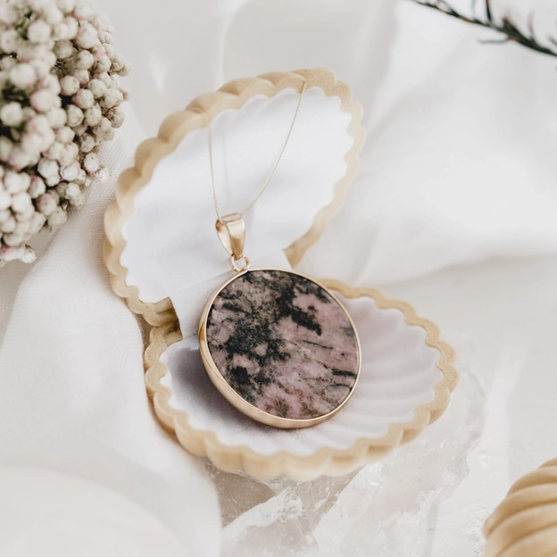 Natural Rhodonite & Gold Circle Pendant  