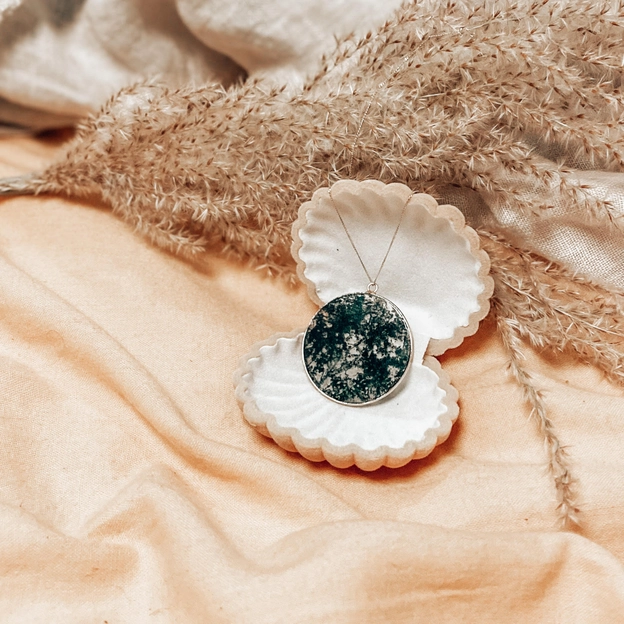 Moss Agate & Gold Circle Pendant 