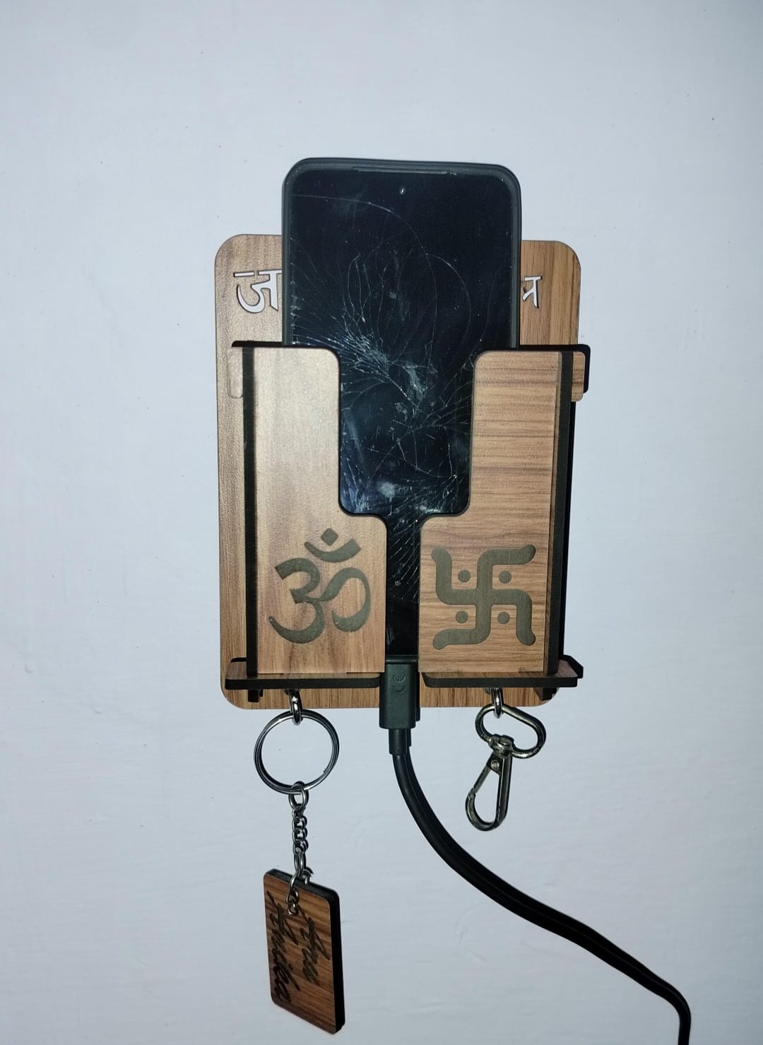Wooden Key Holder with Hindu Symbols