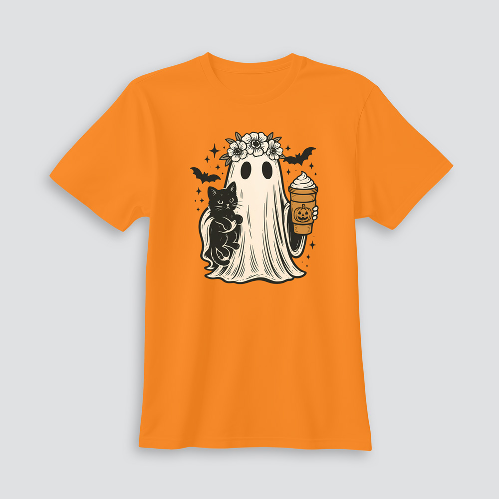 Playera Halloween Fantasma con Gato y Café