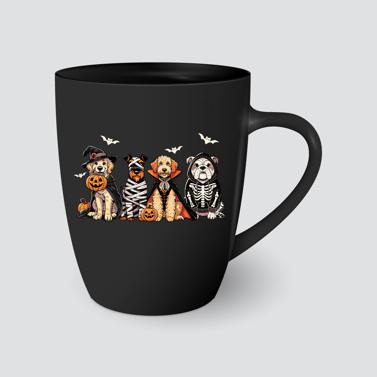 Taza de Halloween con perros disfrazados