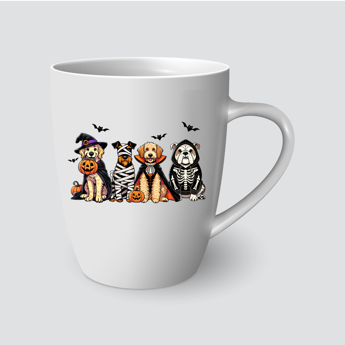 Taza de Halloween con perros disfrazados