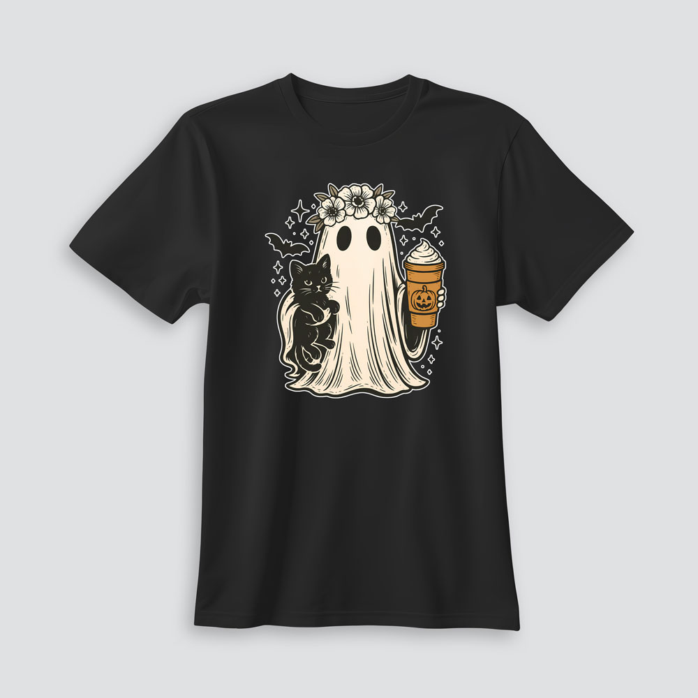 Playera Halloween Fantasma con Gato y Café