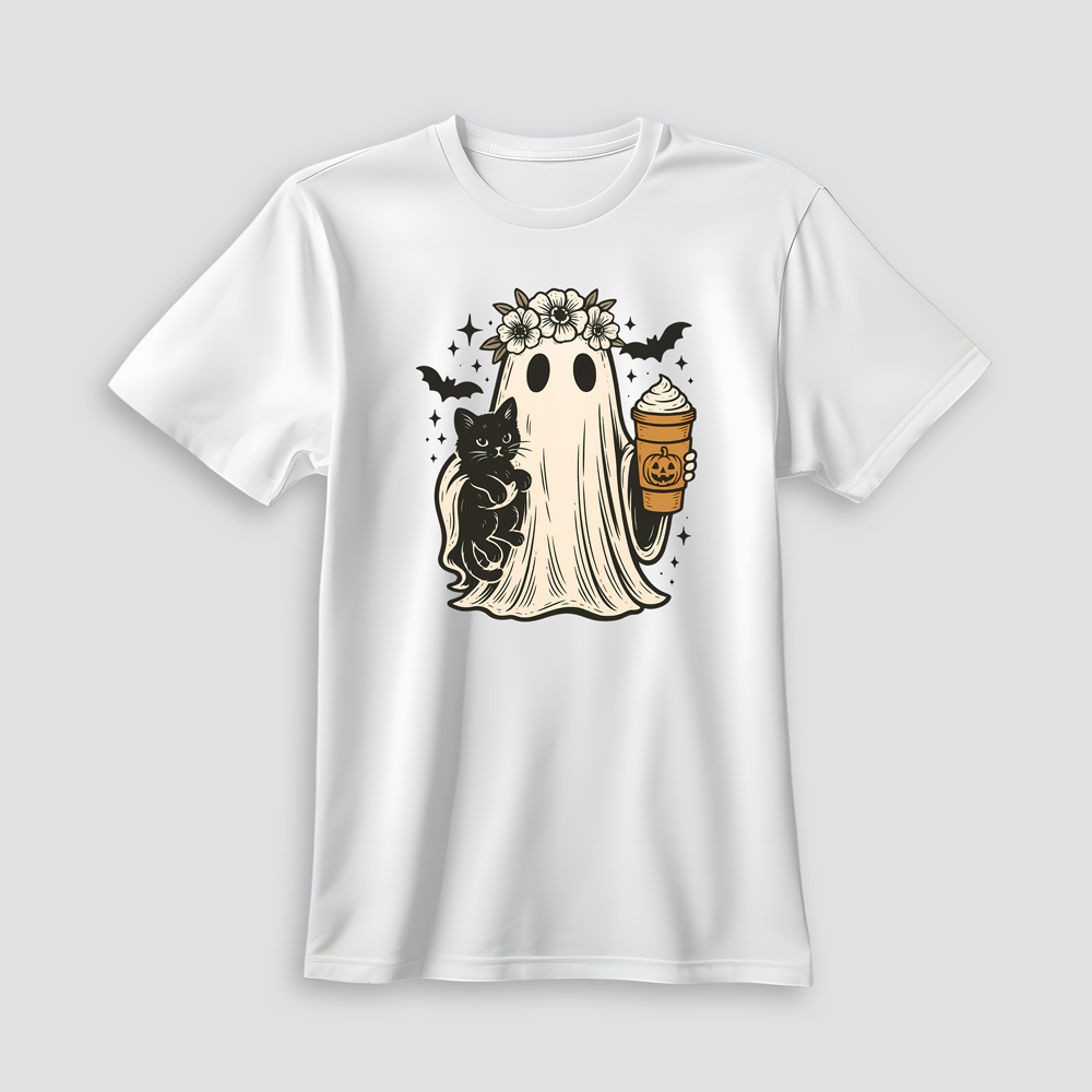 Playera Halloween Fantasma con Gato y Café